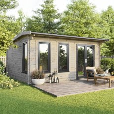 The 18 x 16 Powersheds Apex Log Cabin in 44mm log with uPVC stands in a garden with the double doors positioned on the right-hand side.