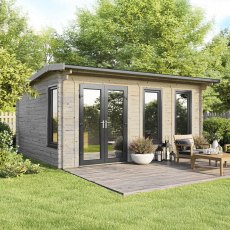 The 18 x 16 Powersheds Apex Log Cabin in 44mm log with uPVC stands in a garden with the double doors positioned on the left-hand side.