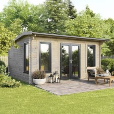 The 18 x 16 Powersheds Apex Log Cabin in 44mm log with uPVC situated in a garden with the doors located in the centre of the apex front.