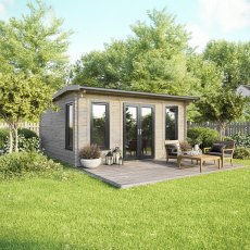 18 x 18 Powersheds Apex Log Cabin In 44mm Log Thickness with uPVC -  insitu - angle view - Doors central