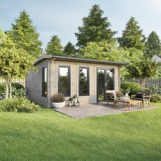 18 x 18 Powersheds Apex Log Cabin In 44mm Log Thickness with uPVC -  insitu - angle view - Doors to the right