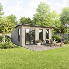 18 x 18 Powersheds Apex Log Cabin In 44mm Log Thickness with uPVC -  insitu - angle view - Doors to the left