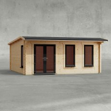 18 x 18 Powersheds Apex Log Cabin In 44mm Log Thickness with uPVC -  insitu - Isolated view - Doors to the left