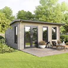 The 18 x 18 Powersheds Apex Log Cabin in 44mm log with uPVC stands in a garden with the double doors positioned on the left-hand side.