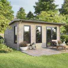 The 18 x 18 Powersheds Apex Log Cabin in 44mm log with uPVC stands in a garden with the double doors positioned on the right-hand side.