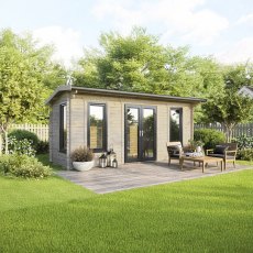 20 x 8 Powersheds Apex Log Cabin In 44mm Log Thickness with uPVC -  insitu - angle view - Doors central