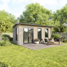 20 x 8 Powersheds Apex Log Cabin In 44mm Log Thickness with uPVC -  insitu - angle view - Doors to the left