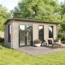 The 20 x 8 Powersheds Apex Log Cabin in 44mm log with uPVC stands in a garden with the double doors positioned on the left-hand side.