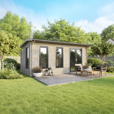 20 x 10 Powersheds Apex Log Cabin In 44mm Log Thickness with uPVC -  insitu - angle view - Doors to the right