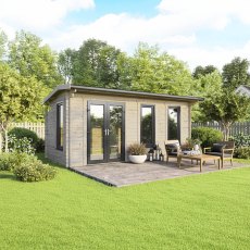 20 x 10 Powersheds Apex Log Cabin In 44mm Log Thickness with uPVC -  insitu - angle view - Doors to the left