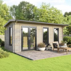 The 20 x 10 Powersheds Apex Log Cabin in 44mm log with uPVC stands in a garden with the double doors positioned on the left-hand side.