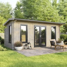The 20 x 10 Powersheds Apex Log Cabin in 44mm log with uPVC situated in a garden with the doors located in the centre of the apex front.