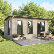 The 20 x 10 Powersheds Apex Log Cabin in 44mm log with uPVC stands in a garden with the double doors positioned on the right-hand side.