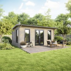 20 x 12 Powersheds Apex Log Cabin In 44mm Log Thickness with uPVC -  insitu - angle view - Doors central