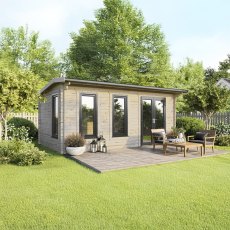 20 x 12 Powersheds Apex Log Cabin In 44mm Log Thickness with uPVC -  insitu - angle view - Doors to the right