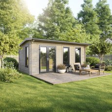 20 x 12 Powersheds Apex Log Cabin In 44mm Log Thickness with uPVC -  insitu - angle view - Doors to the left