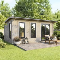 The 20 x 12 Powersheds Apex Log Cabin in 44mm log with uPVC stands in a garden with the double doors positioned on the right-hand side.