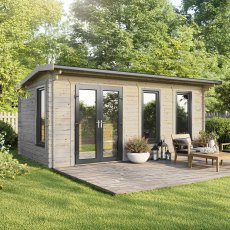 The 20 x 12 Powersheds Apex Log Cabin in 44mm log with uPVC stands in a garden with the double doors positioned on the left-hand side.