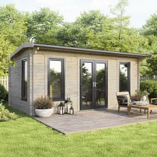 The 20 x 12 Powersheds Apex Log Cabin in 44mm log with uPVC situated in a garden with the doors located in the centre of the apex front.
