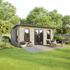 20 x 14 Powersheds Apex Log Cabin In 44mm Log Thickness with uPVC -  insitu - angle view - Doors central