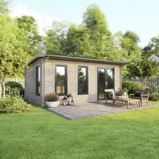20 x 14 Powersheds Apex Log Cabin In 44mm Log Thickness with uPVC -  insitu - angle view - Doors to the right