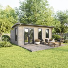 20 x 14 Powersheds Apex Log Cabin In 44mm Log Thickness with uPVC -  insitu - angle view - Doors to the left