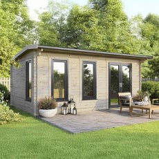 The 20 x 14 Powersheds Apex Log Cabin in 44mm log with uPVC stands in a garden with the double doors positioned on the right-hand side.