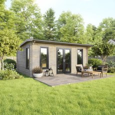20 x 16 Powersheds Apex Log Cabin In 44mm Log Thickness with uPVC -  insitu - angle view - Doors central