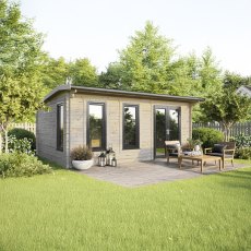 20 x 16 Powersheds Apex Log Cabin In 44mm Log Thickness with uPVC -  insitu - angle view - Doors to the right