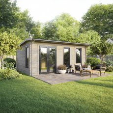 20 x 16 Powersheds Apex Log Cabin In 44mm Log Thickness with uPVC -  insitu - angle view - Doors to the left