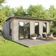 The 20 x 16 Powersheds Apex Log Cabin in 44mm log with uPVC stands in a garden with the double doors positioned on the left-hand side.