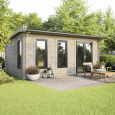 The 20 x 16 Powersheds Apex Log Cabin in 44mm log with uPVC stands in a garden with the double doors positioned on the right-hand side.