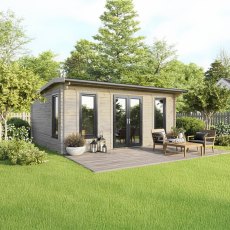 20 x 18 Powersheds Apex Log Cabin In 44mm Log Thickness with uPVC -  insitu - angle view - Doors central