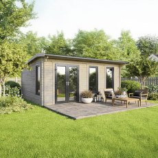 20 x 18 Powersheds Apex Log Cabin In 44mm Log Thickness with uPVC -  insitu - angle view - Doors to the left
