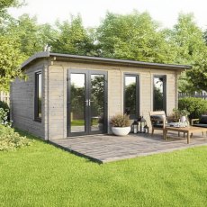 The 20 x 18 Powersheds Apex Log Cabin in 44mm log with uPVC stands in a garden with the double doors positioned on the left-hand side.