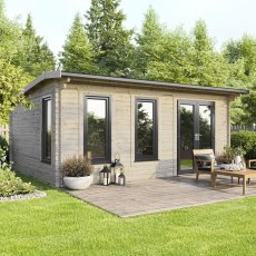 The 20 x 18 Powersheds Apex Log Cabin in 44mm log with uPVC stands in a garden with the double doors positioned on the right-hand side.