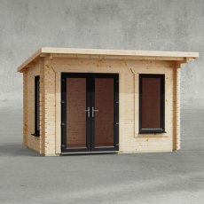 12 x 8 Powersheds Pent Log Cabin In 44mm Log Thickness with uPVC - isolated, Doors to the left