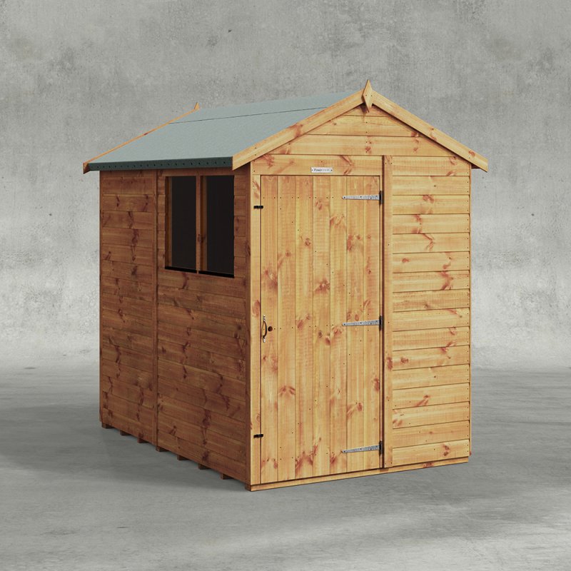 A front-facing view of the 7 x 5 Powersheds Tongue & Groove Apex Wooden Shed positioned against a plain white background.