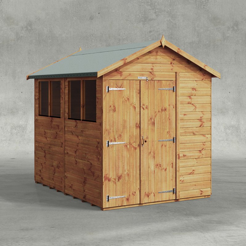 8 x 6 Powersheds Tongue & Groove Apex Wooden Shed With Double Doors - isolated angle view
