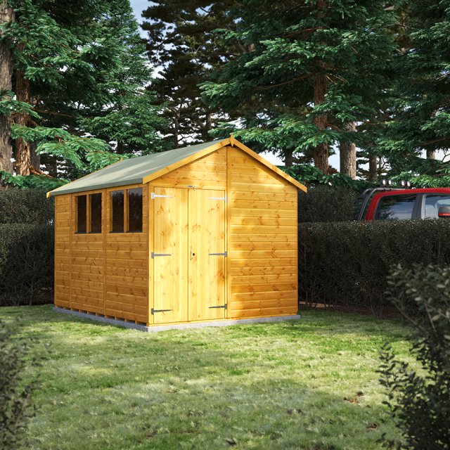 10 x 8 Powersheds Tongue & Groove Apex Wooden Shed With Double Doors - in situ, angle view