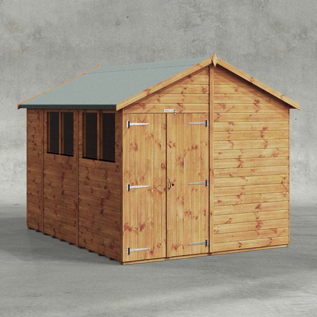 A clean product shot of the 10 x 8 Powersheds Tongue & Groove Apex Wooden Shed With Double Doors against a white background featuring its large front-facing windows.