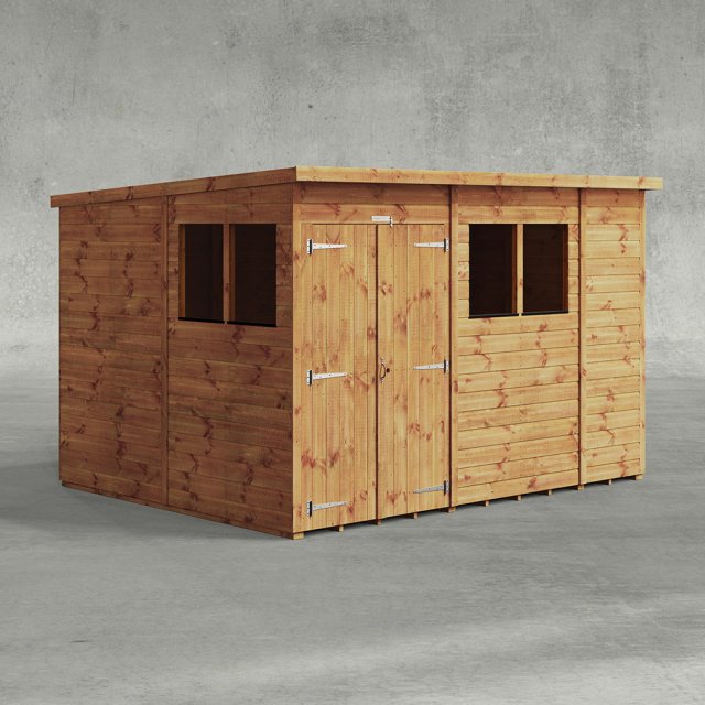 10 x 8 Powersheds Tongue & Groove Pent Wooden Shed With Double Doors - Isolated angle view