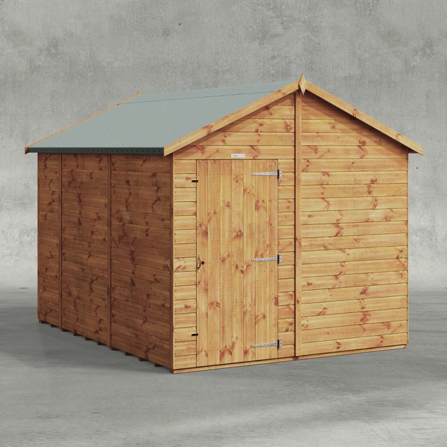 A clean product shot of the 10 x 8 Powersheds Tongue & Groove Windowless Apex Wooden Shed against a plain background showing the solid timber walls and single door.