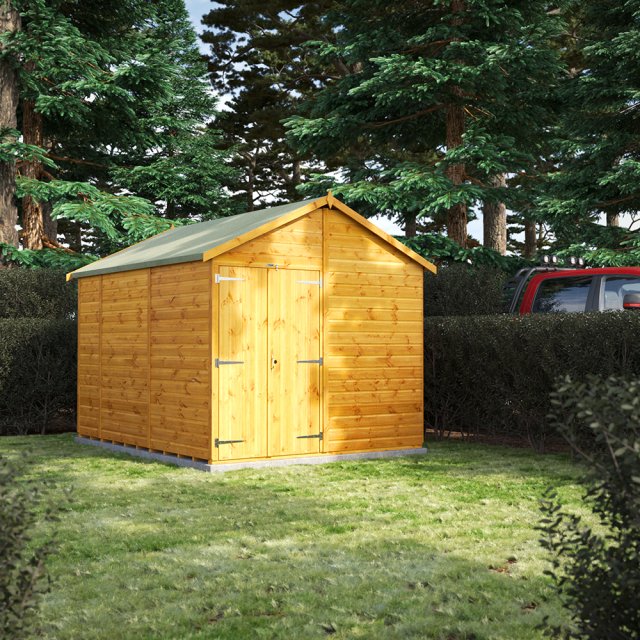 10 x 8 Powersheds Tongue & Groove Windowless Apex Wooden Shed With Double Doors - in situ, angle view