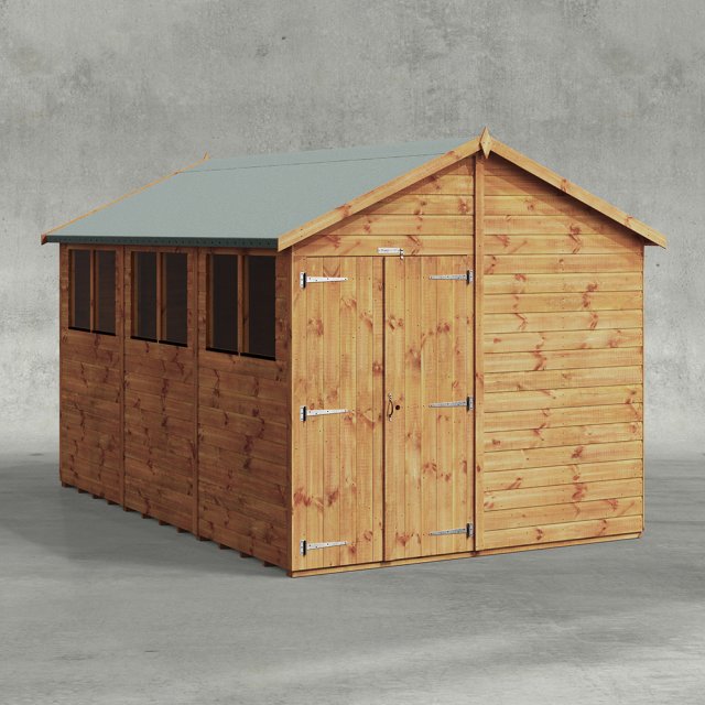 12 x 8 Powersheds Tongue & Groove Apex Wooden Shed With Double Doors - Isolated angle view