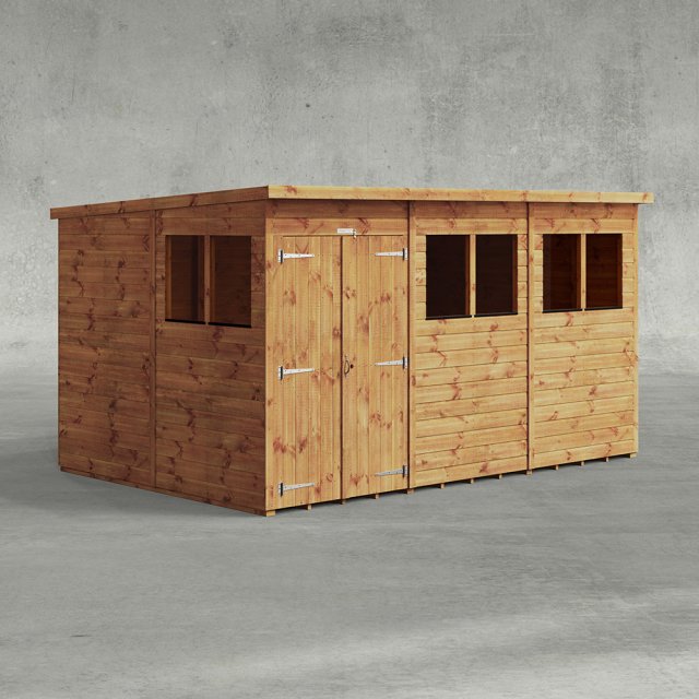 12 x 8 Powersheds Tongue & Groove Pent Wooden Shed With Double Doors - Isolated angle view