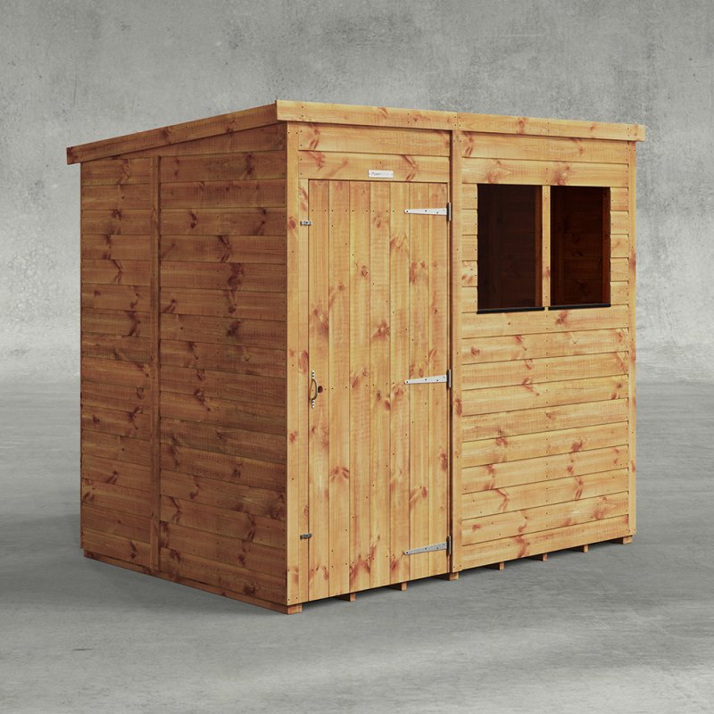 A clean product shot of the 7 x 5 Powersheds Tongue & Groove Pent Wooden Shed against a white background featuring the sloping pent roof and glass windows.