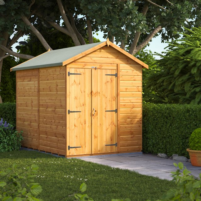 8 x 6 Powersheds Tongue & Groove Windowless Apex Wooden Shed With Double Doors - in situ, angle view