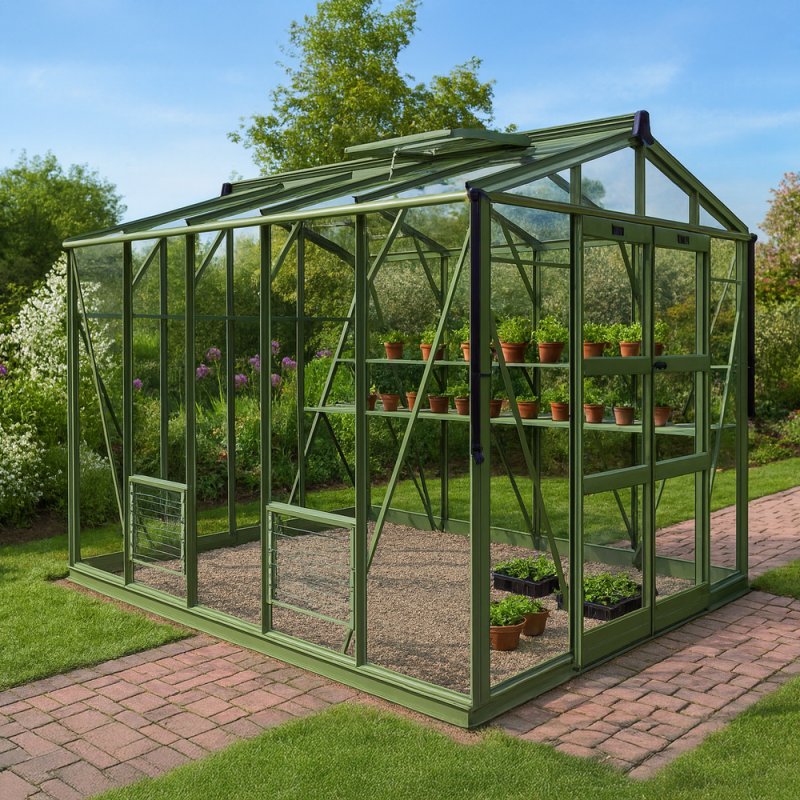 Elite Sanctuary 8x8 Greenhouse - in situ, angle view, doors open