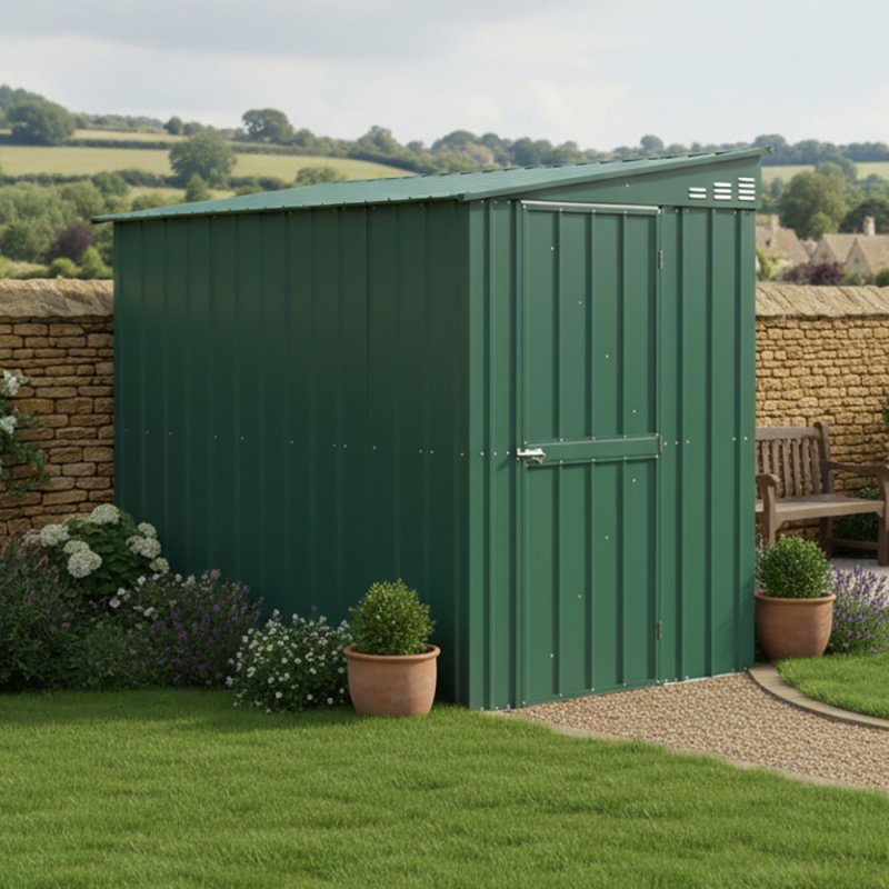 5x8 Globel Lean-to Metal Shed in Green - in situ, angle view